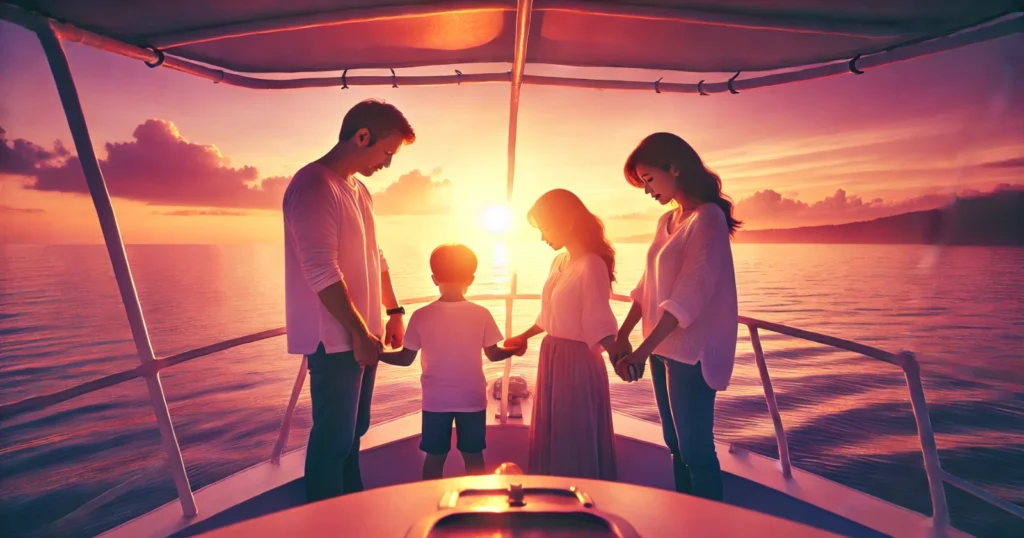 A family holding hands and praying on a boat deck at sunset, with a warm glow from the sun reflecting off the calm sea.