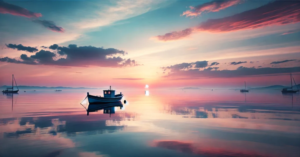 A serene sunrise over calm waters with a boat anchored nearby, featuring soft pastel colors of pink, orange, and light blue, creating a tranquil and peaceful atmosphere.