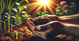 Close-up of hands gently holding soil with a newly sprouted seedling, rays of sunlight streaming in, with garden plants in the background, symbolizing hope, faith, and the potential for growth.