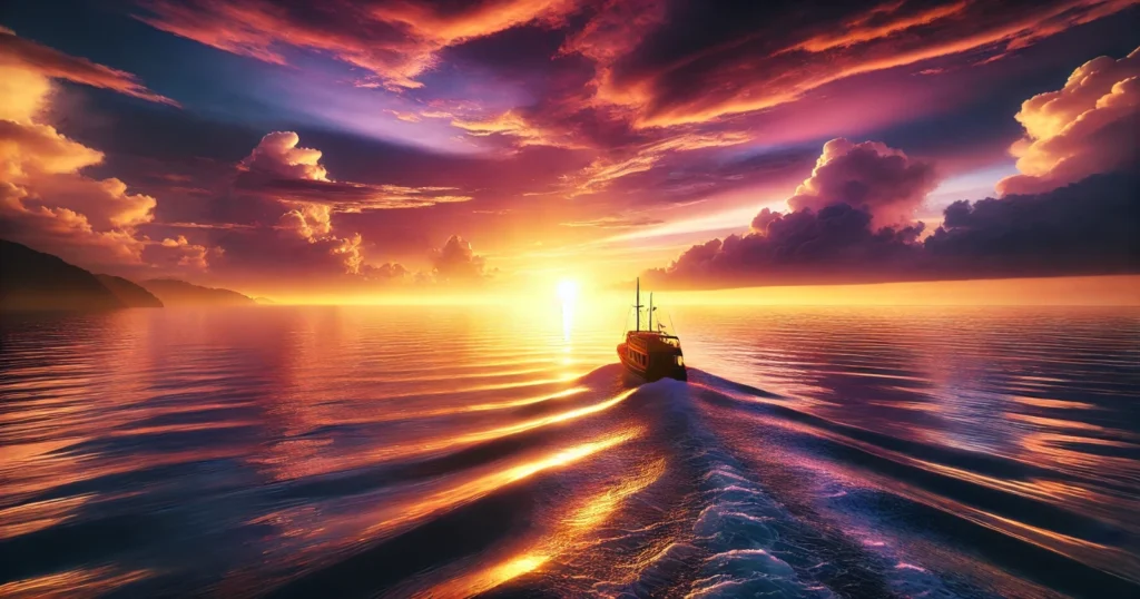 A calm sea with a boat sailing towards a horizon illuminated by a vibrant sunset, featuring shades of orange, pink, and purple, creating a serene atmosphere.