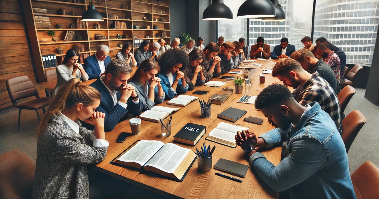 A diverse group of people sitting around a conference table with heads bowed in prayer, an open Bible in the center, along with notebooks and pens, symbolizing unity and shared respect.