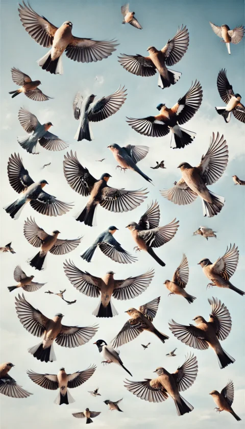 A variety of birds soaring gracefully in flight against a clear blue sky, with their wings fully extended, showcasing diverse species and vibrant feather patterns.