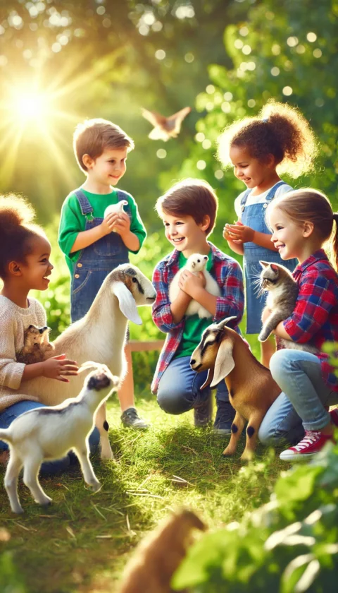 Children of diverse backgrounds playing joyfully with animals such as dogs, cats, rabbits, and birds in a lush, green outdoor setting.