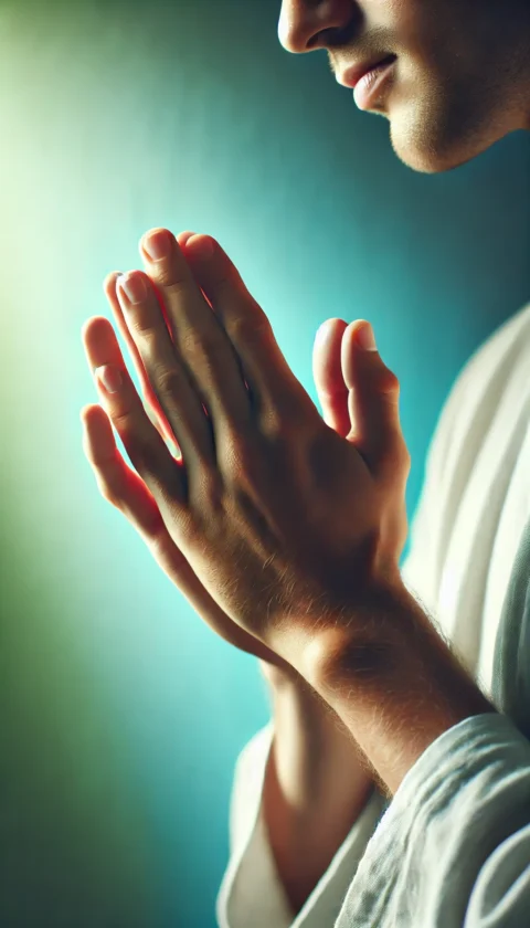 Close-up of hands clasped in prayer, with a calming blue and green background symbolizing peace, faith, and unity.