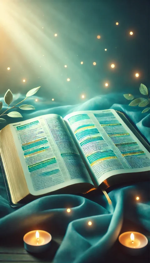 An open Bible with highlighted verses, symbolizing healing and comfort, set in a peaceful blue and green environment