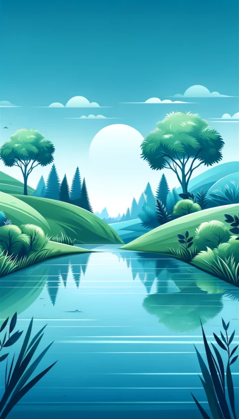 A peaceful nature scene with gentle hills, trees, and a calm river, in a blue and green color theme that conveys tranquility and harmony.