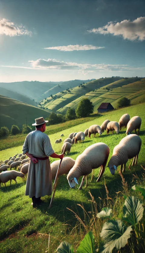 A shepherd in traditional clothing guiding a flock of sheep on a green hillside, set against a backdrop of rolling hills and a clear blue sky.