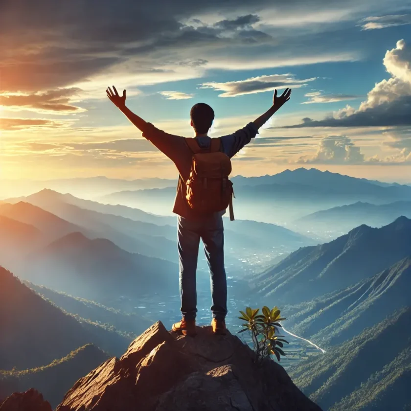 A believer standing on a mountaintop with hands li