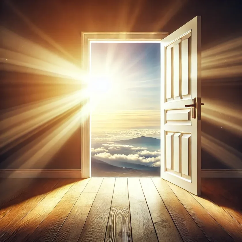 A bright open door with light streaming in symbol