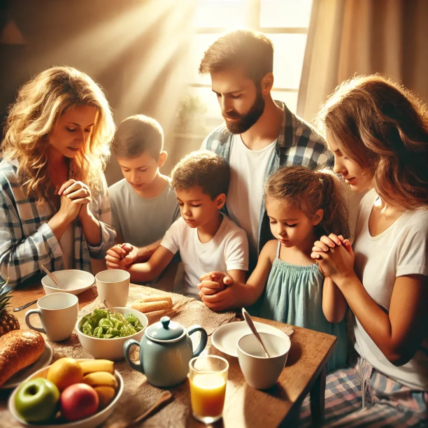 A family gathered together at the breakfast table