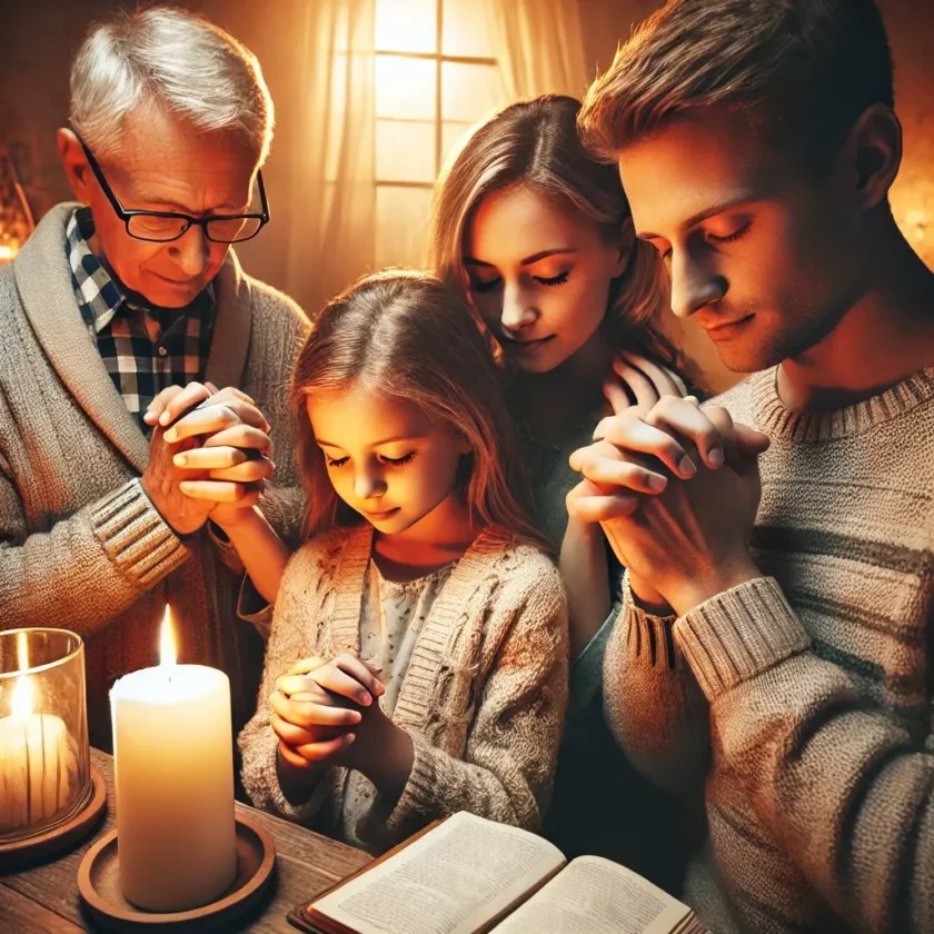 A family praying together holding hands in a warm