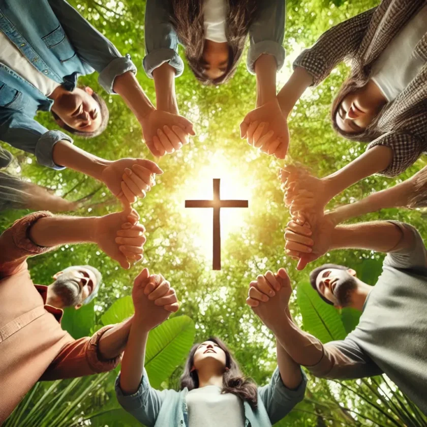 A group of people holding hands in a circle prayi