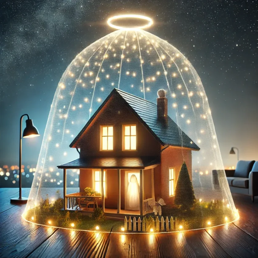 A home covered by a glowing light at night symbol