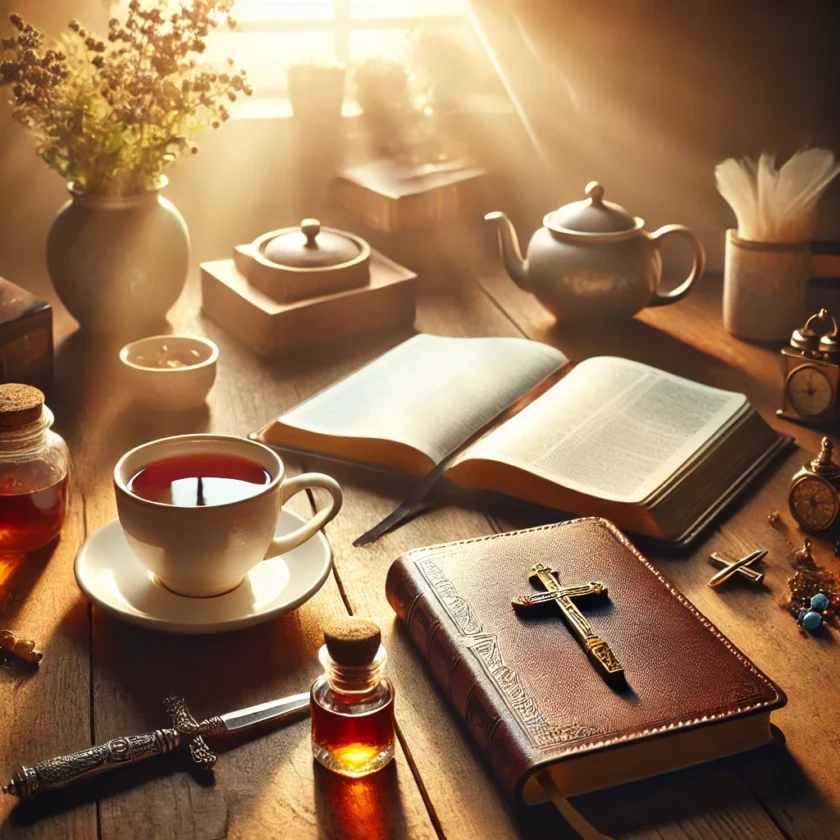 A peaceful desk setup with an open Bible journal