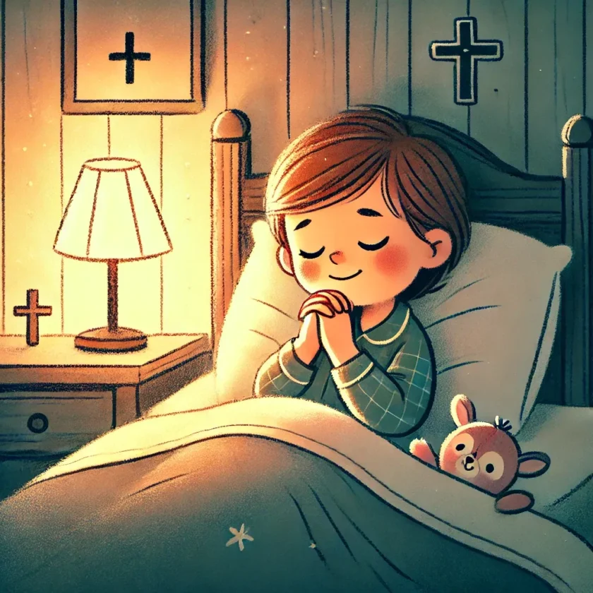 A peaceful illustration of a child lying in bed wi