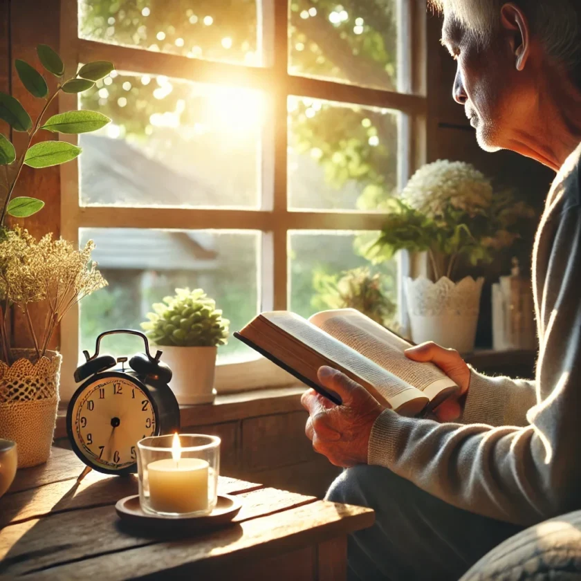 A peaceful scene of an elderly person reading a Bi