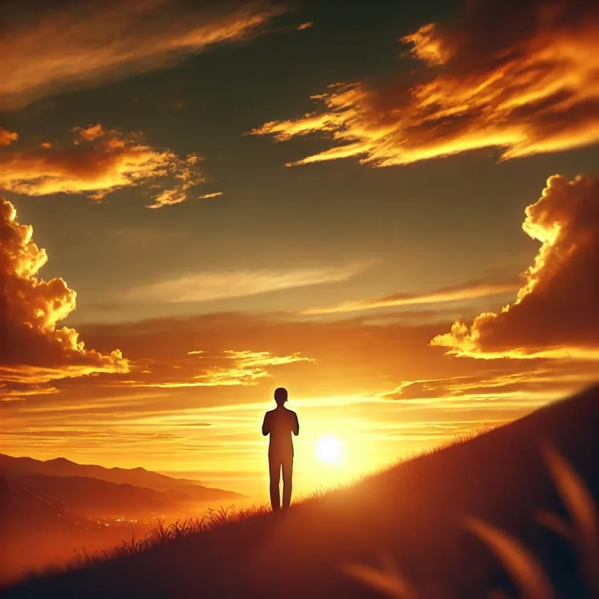 A peaceful sunset scene with a person standing on