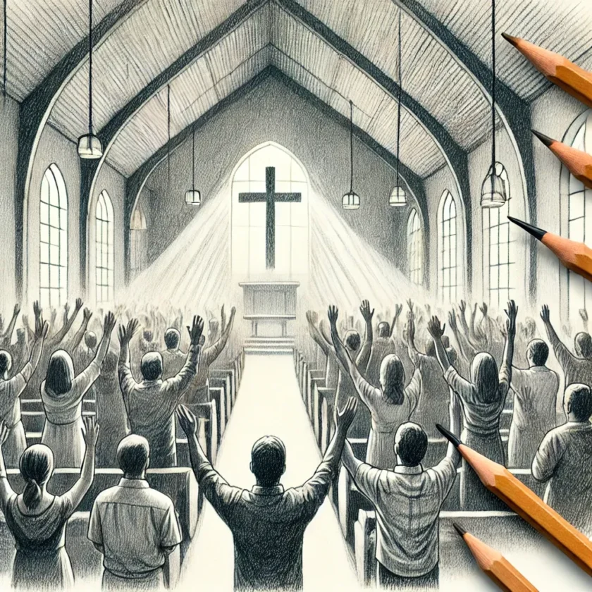 "A church congregation with hands raised in worship and prayer, symbolizing unity and faith in God’s power."