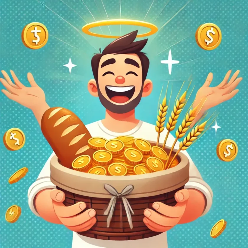 A person joyfully holding a basket full of coins a