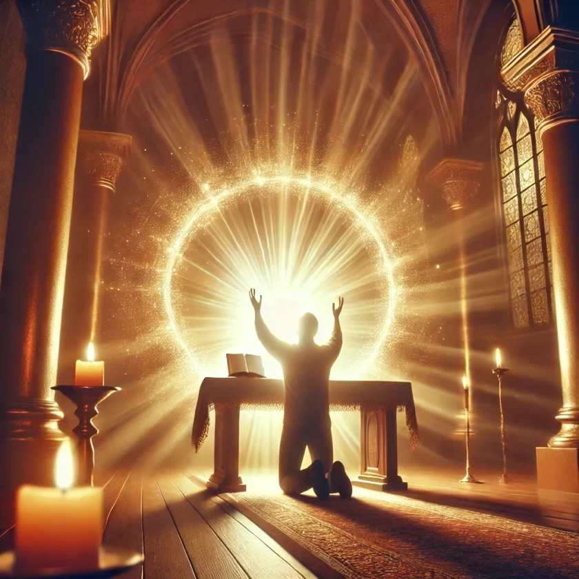 A person kneeling at an altar in deep prayer surr