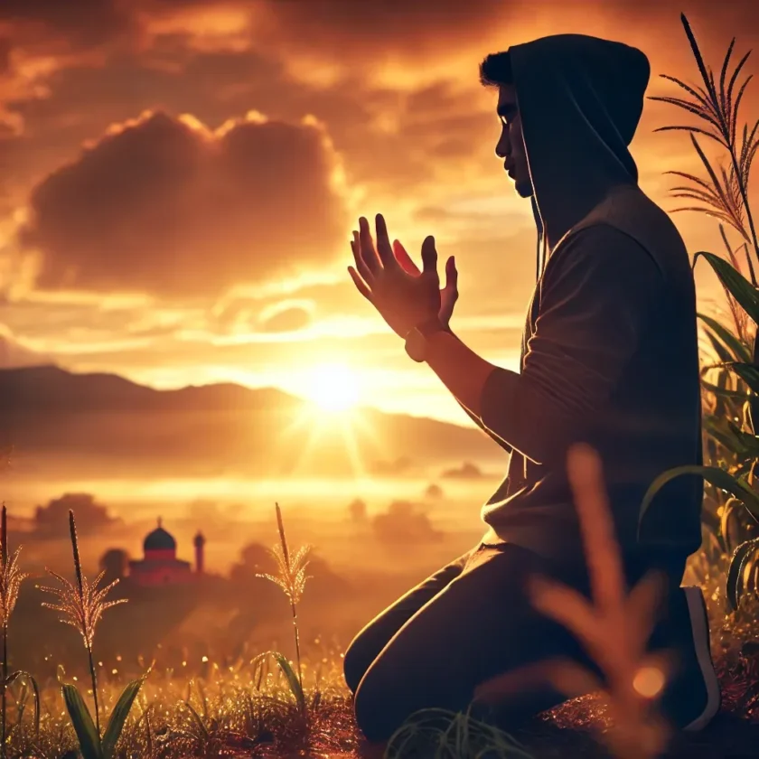 A person kneeling at sunrise hands lifted in pray