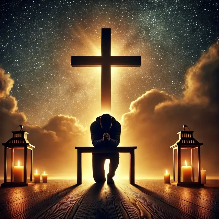 A person kneeling in prayer before a cross symbol 1