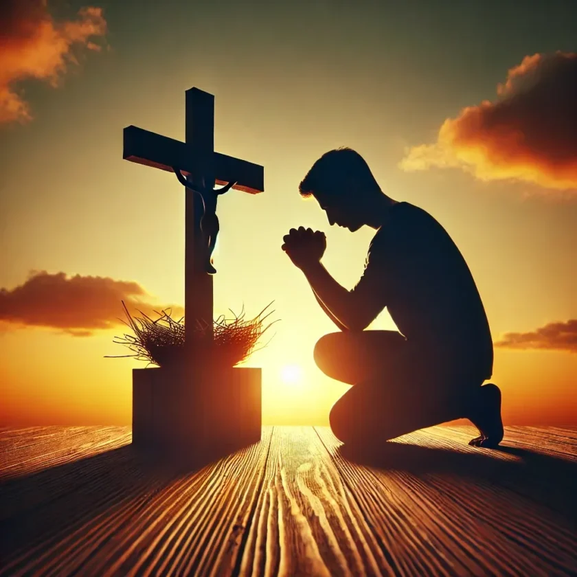 A person kneeling in prayer before a cross symbol