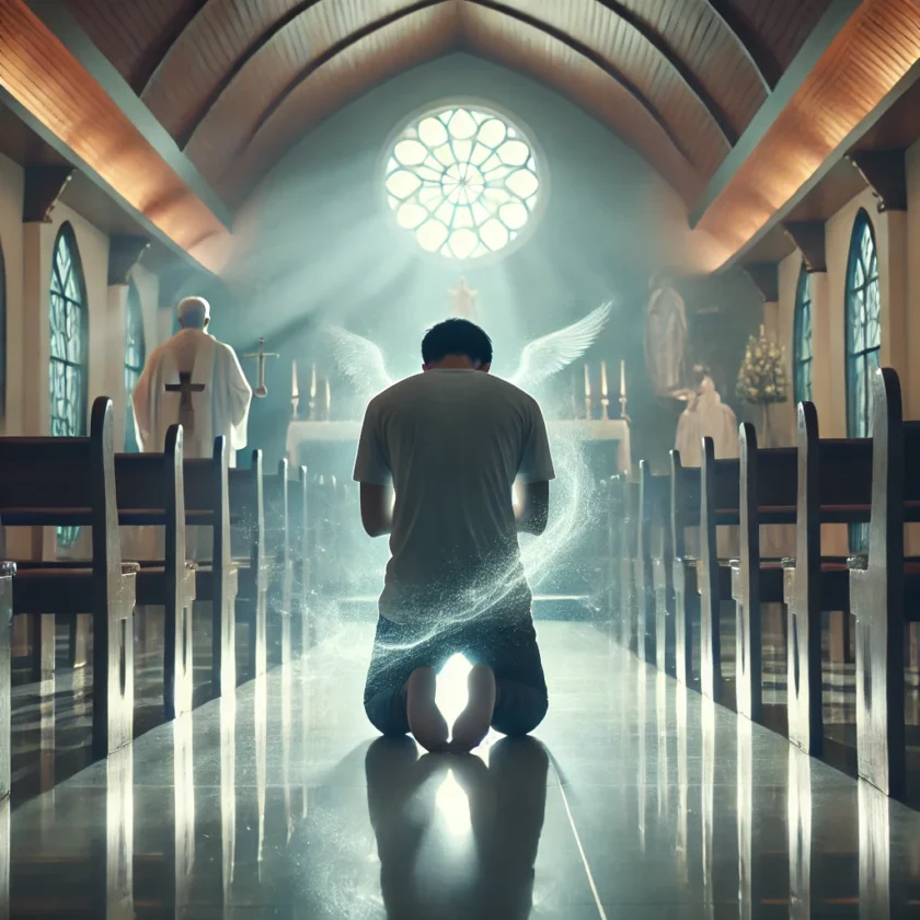 A person kneeling in prayer in a hospital chapel