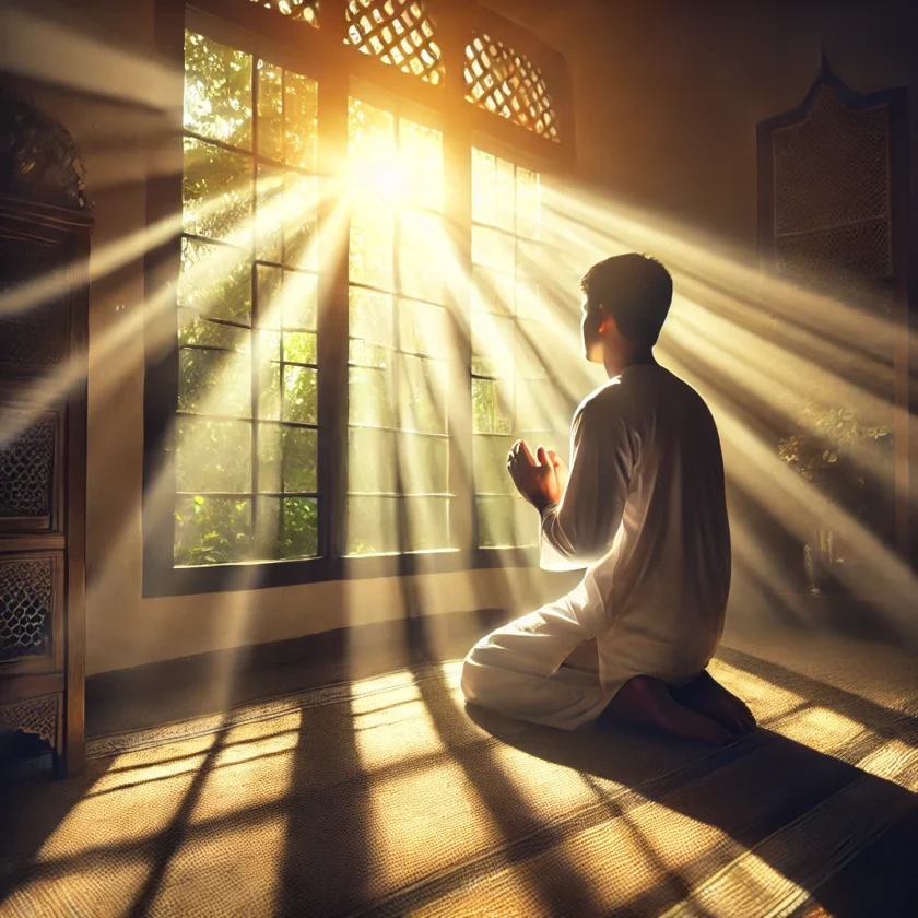 A person kneeling in prayer with radiant sunlight