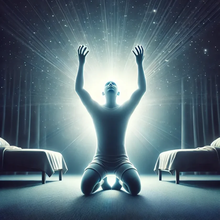 A person kneeling with hands lifted a glowing lig