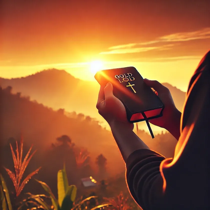 A person praying at sunrise with a Bible open sym