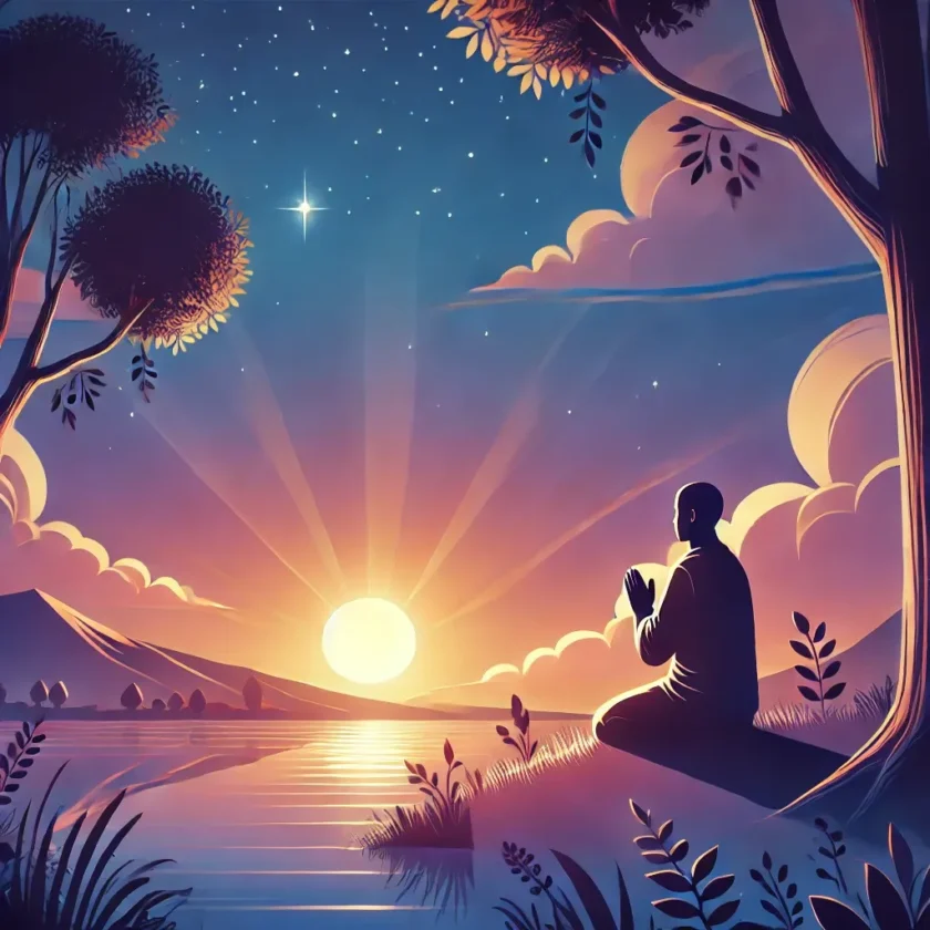 A person praying at sunset with a peaceful express