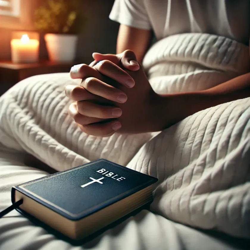 A person sitting in bed with hands folded in praye 1