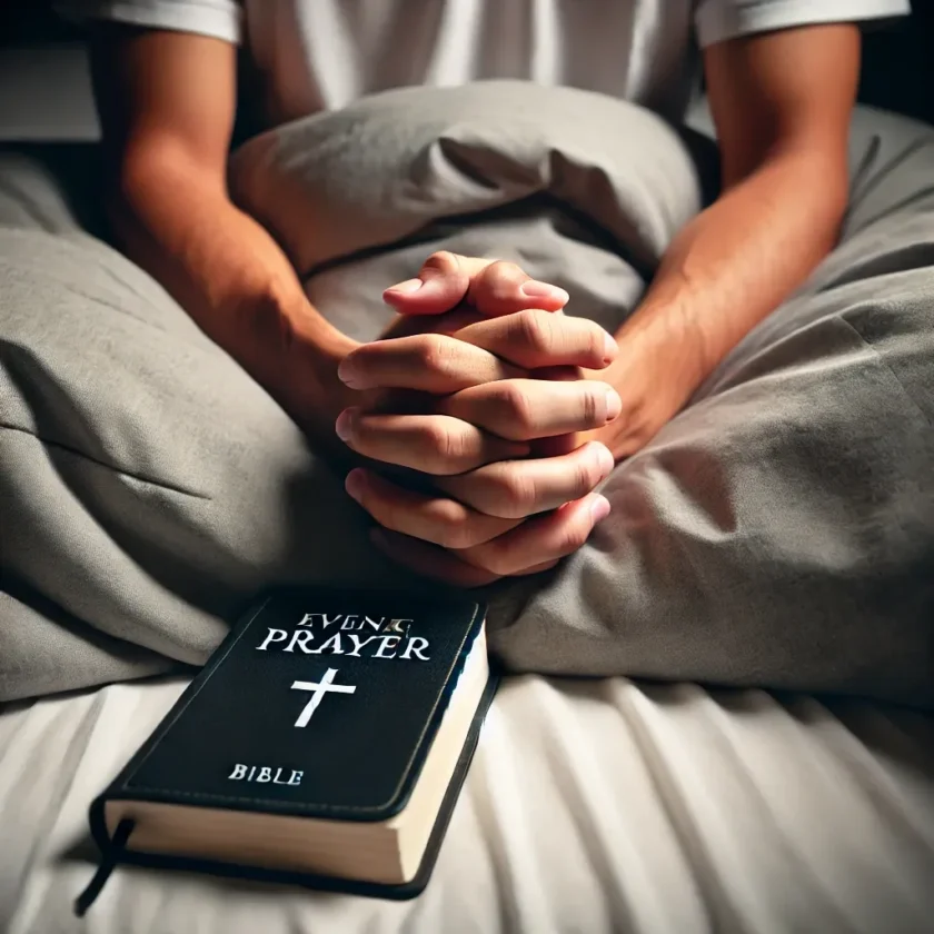 A person sitting in bed with hands folded in praye