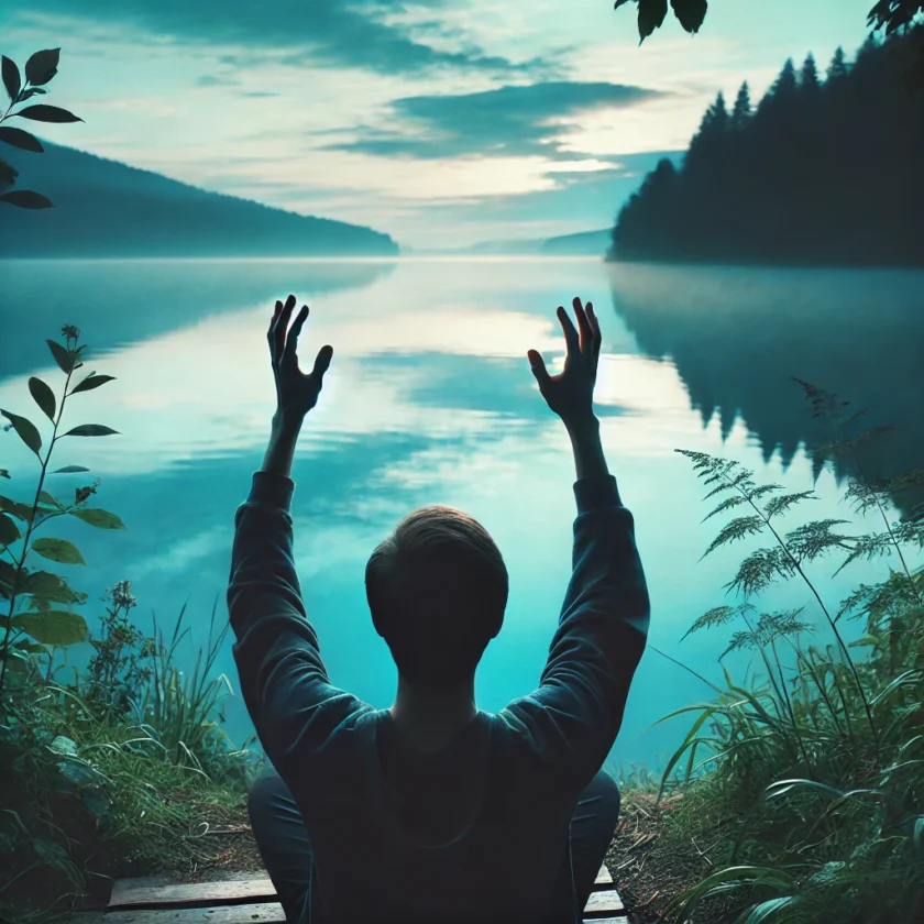 A person sitting peacefully by a lake with hands l