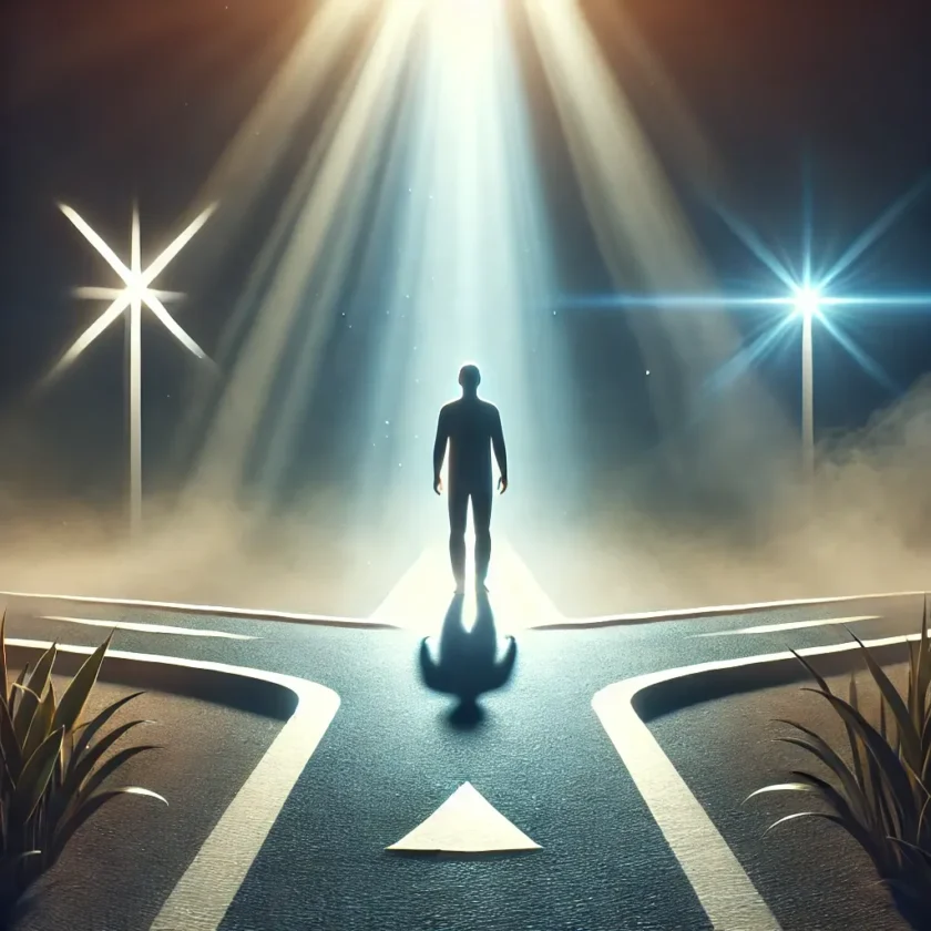 A person standing at a crossroads light shining o 1