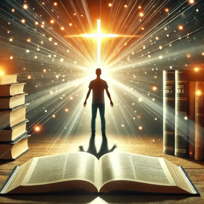 A person standing before an open Bible with light 1