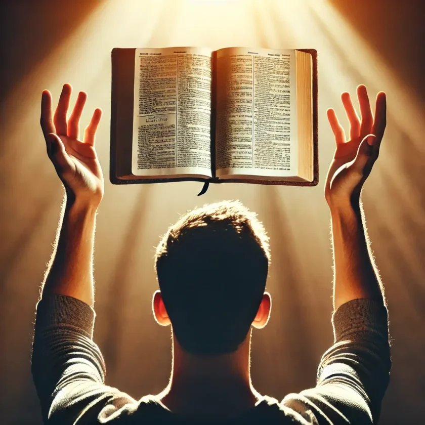 A person standing in front of an open Bible hands