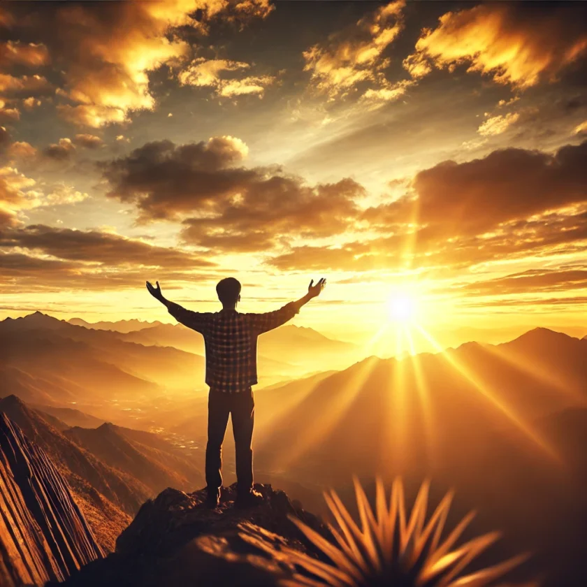 A person standing on a mountaintop at sunrise with