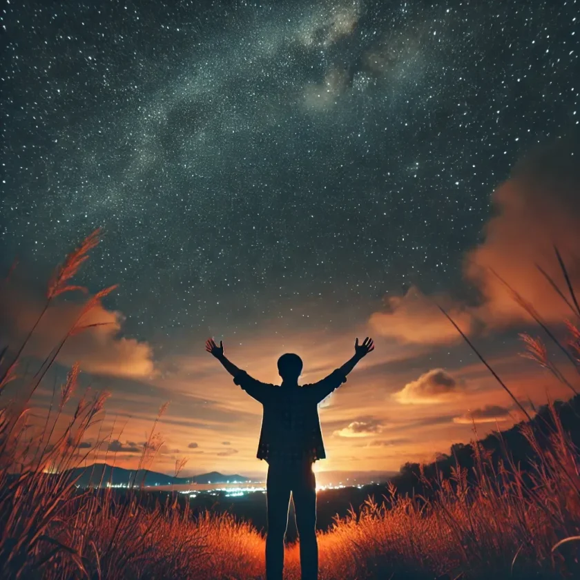 A person standing under the night sky arms lifted