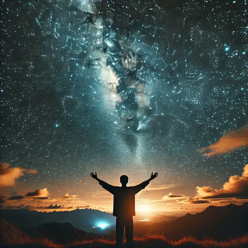 A person standing under the night sky arms raised