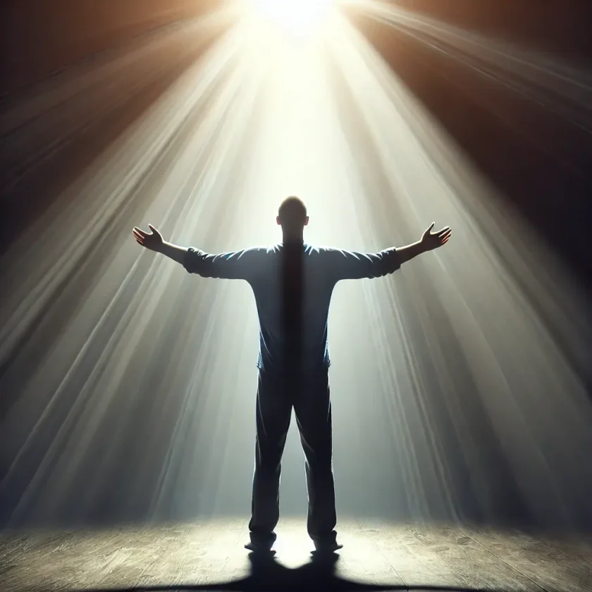 A person standing with arms raised light shining