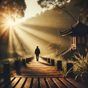 A person walking on a serene path surrounded by na