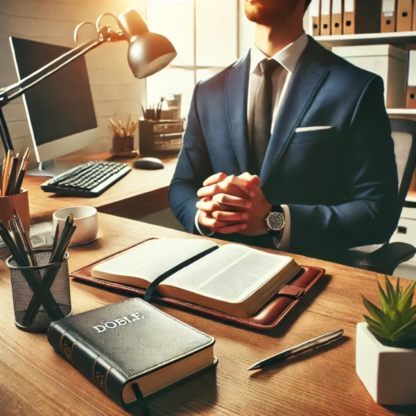 A professional workspace with a person praying bef