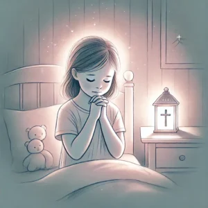 A serene illustration of a child praying before be