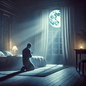 A serene nighttime bedroom scene with a person kne