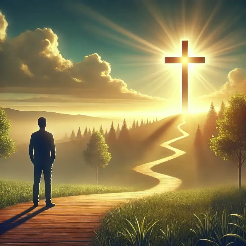 A person standing on a path leading toward a bright cross,