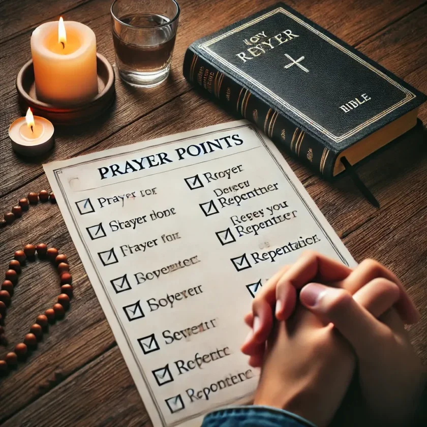 A checklist with prayer points, a Bible, and folded hands,