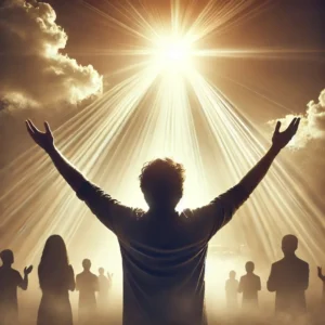 A person with arms raised toward the sky, with light shining down