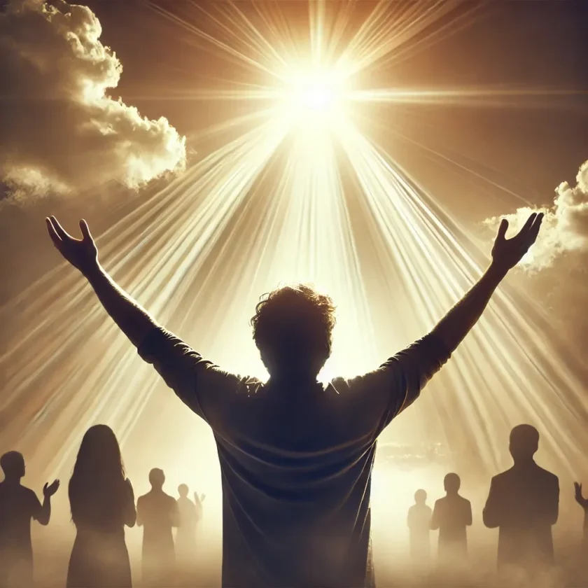 A person with arms raised toward the sky, with light shining down